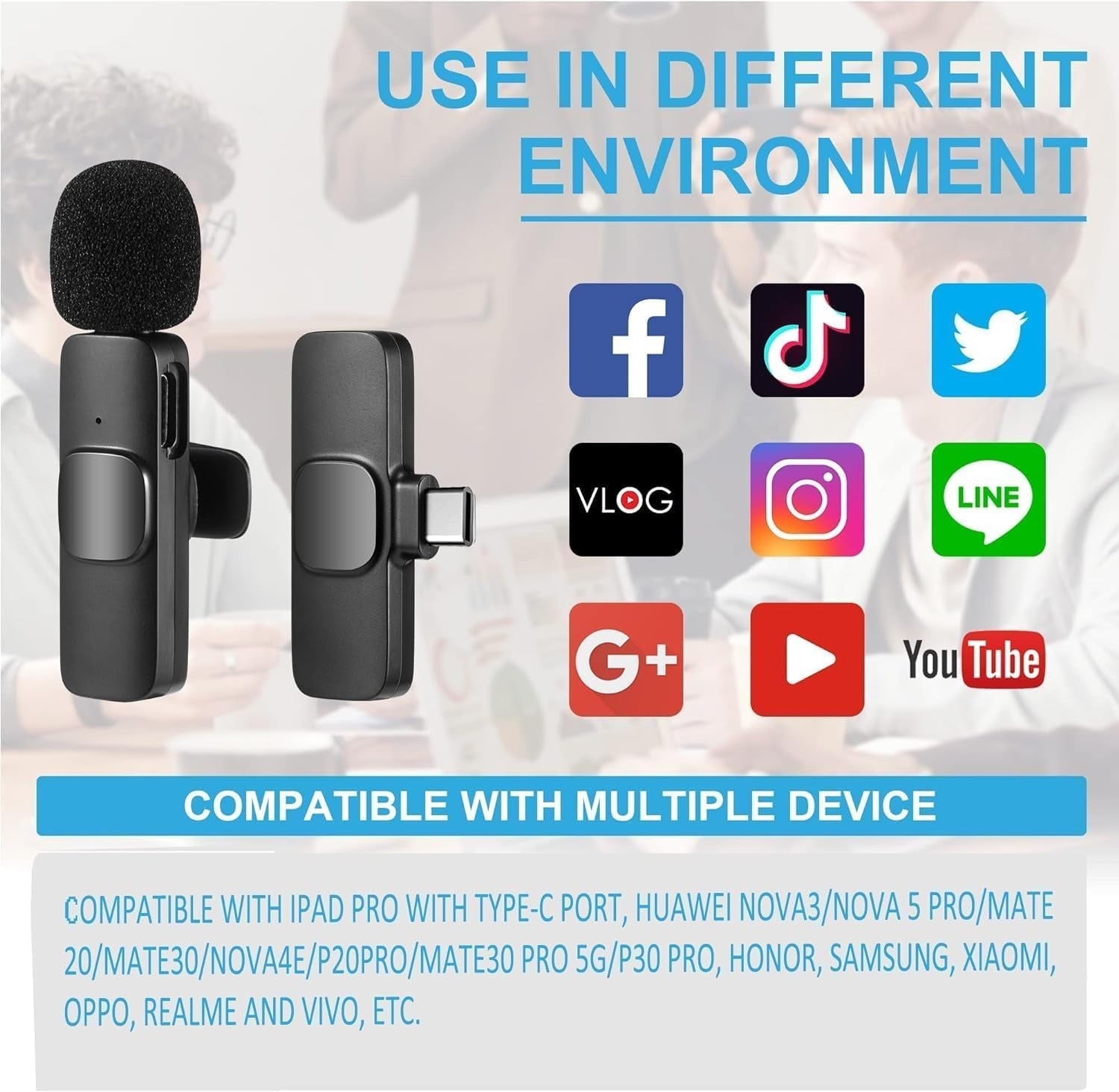 K9 Dual Microphone Mic Plug &amp; Play USB Type C &amp; IOS Wireless Lavalier Microphone Auto Sync Noise Reduction NO APP or Bluetooth Needed- Dual Mic