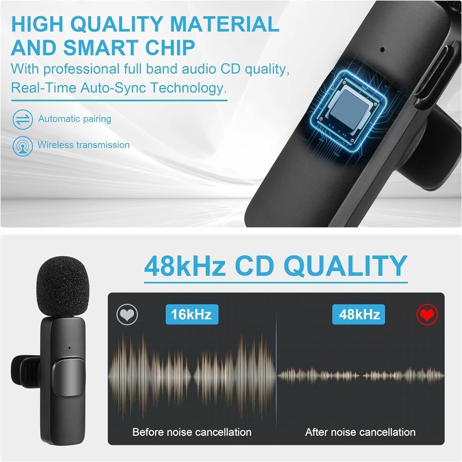 K9 Dual Microphone Mic Plug &amp; Play USB Type C &amp; IOS Wireless Lavalier Microphone Auto Sync Noise Reduction NO APP or Bluetooth Needed- Dual Mic
